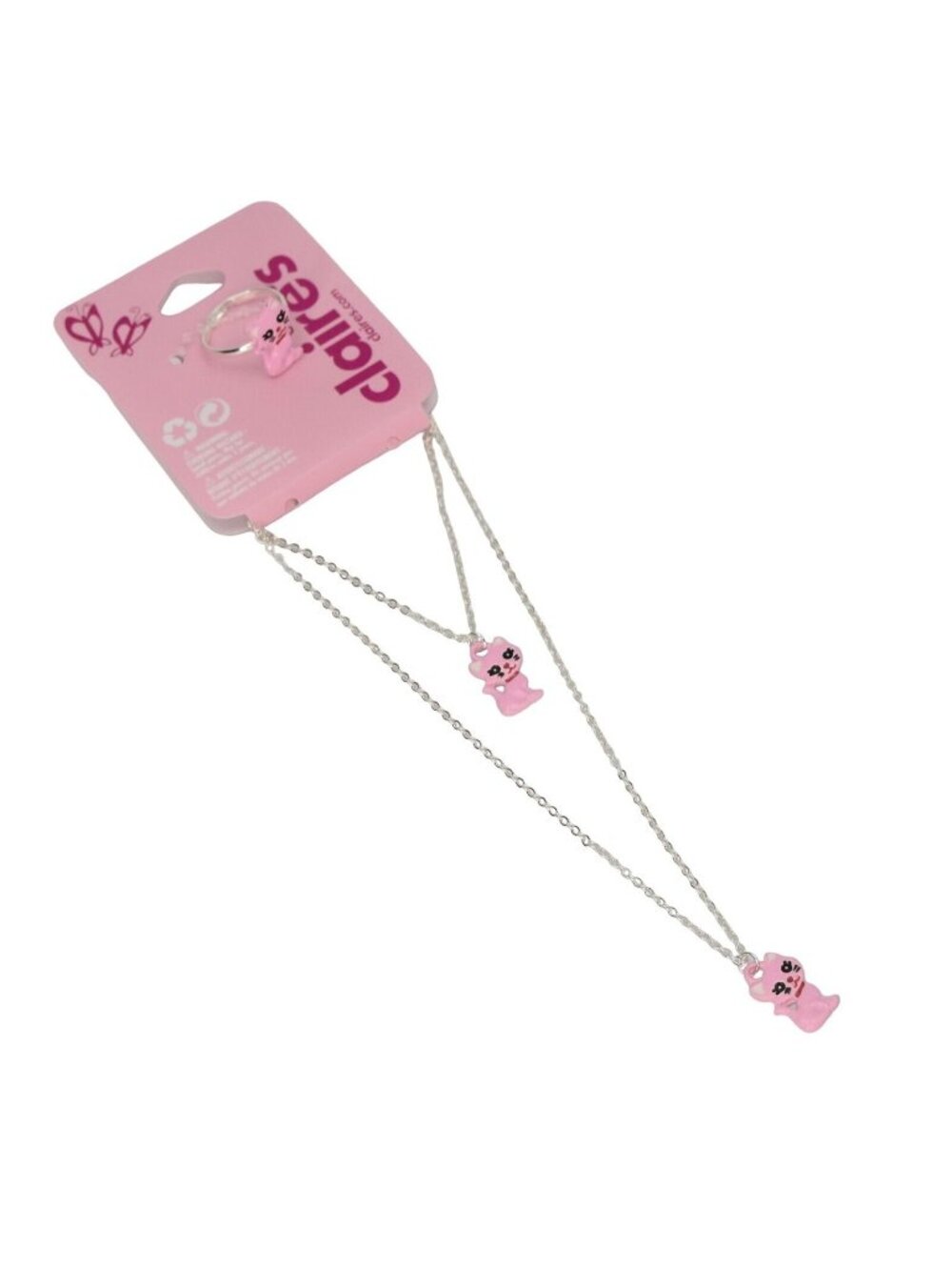 Claires Club Kitten Jewelry Set Necklace Bracelet Ring Silver Tone Pink
